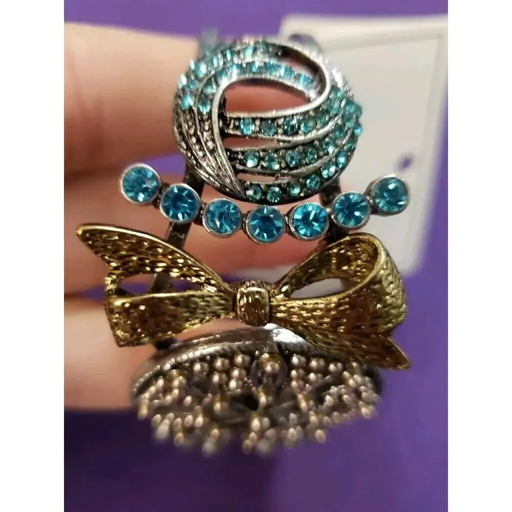 Chunky Ornate Clamper Bangle Bracelet Silver Tone Blue Rhinestones Gold Tone Bow